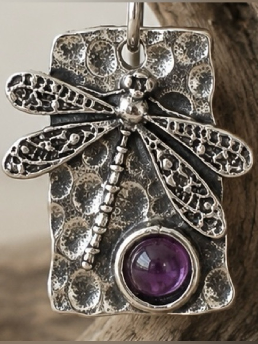 Hammered Dragonfly Earrings Faux Amethyst – Silver Tone